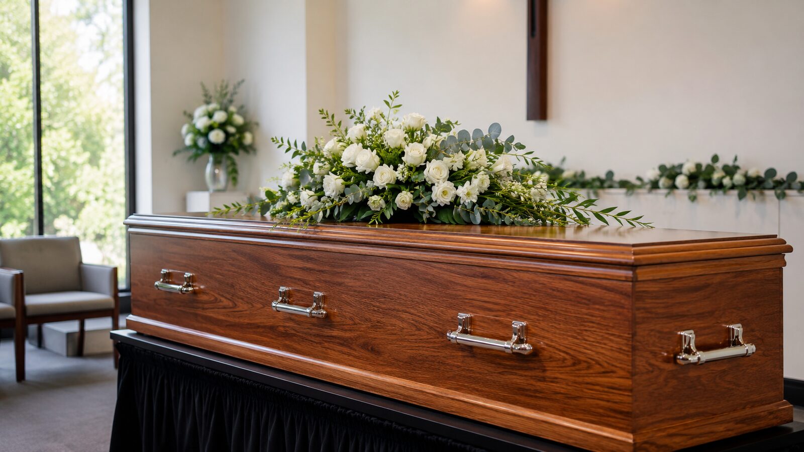Funeral costs in the ACT: a polished casket with white roses in a chapel