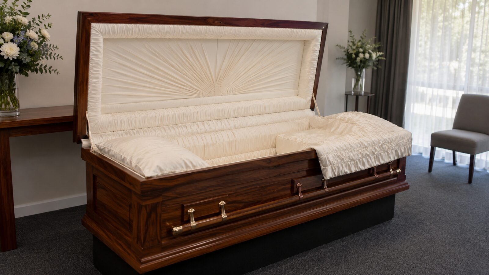 A timber casket, open, with a cream satin interior