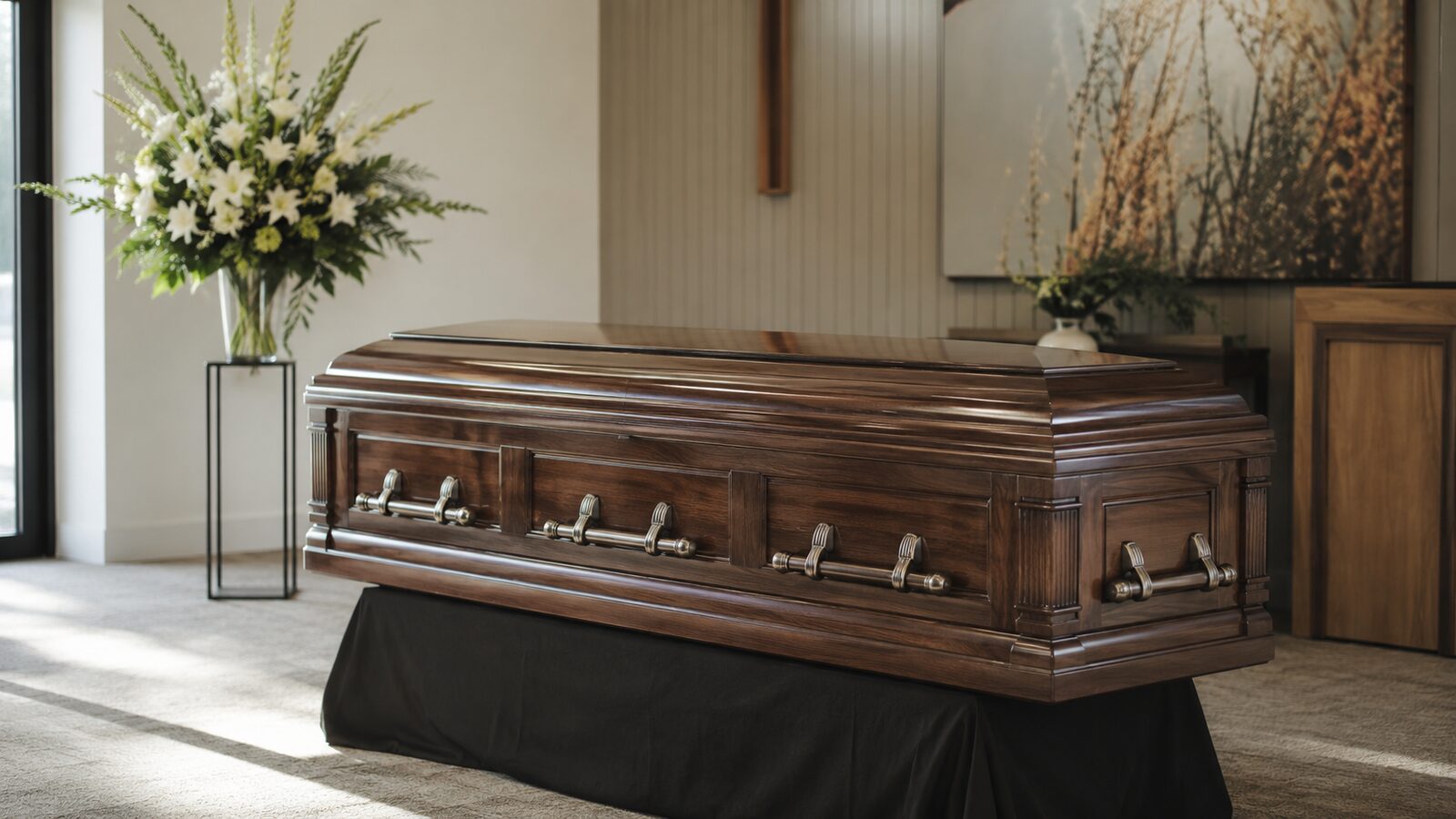 A polished walnut casket, rectangular with a hinged lid