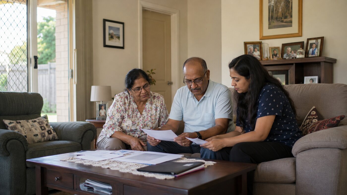 A family reviewing funeral plan paperwork together at home