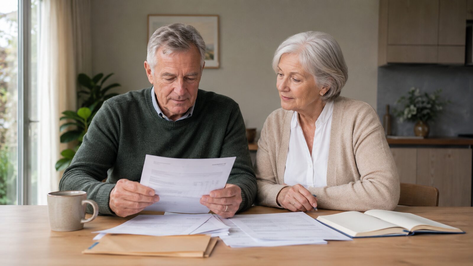 Registering a death in NSW: an older couple reviewing documents at a kitchen table