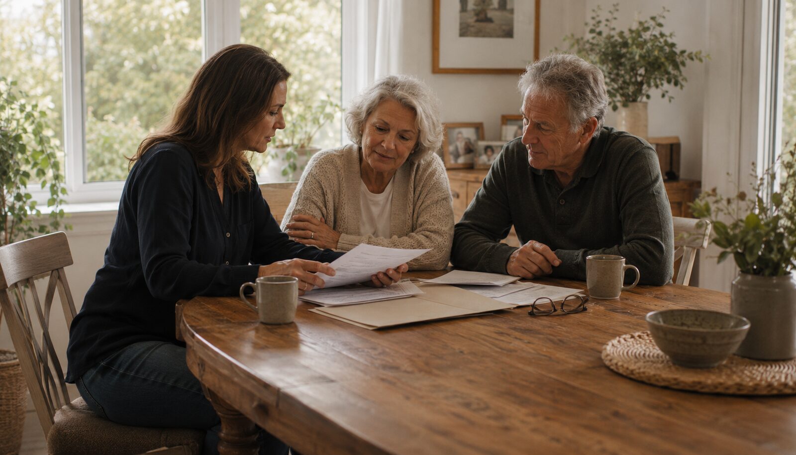 Registering a death in Queensland: a family reviewing documents at a kitchen table