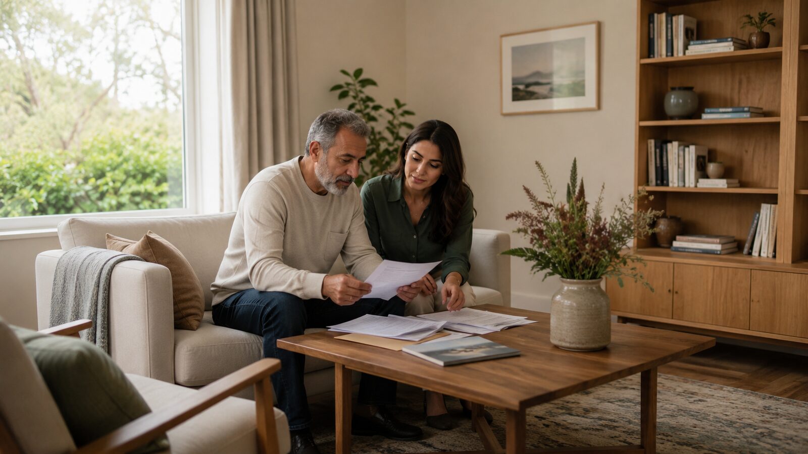 Registering a death in South Australia: a couple reviewing documents on a sofa at home