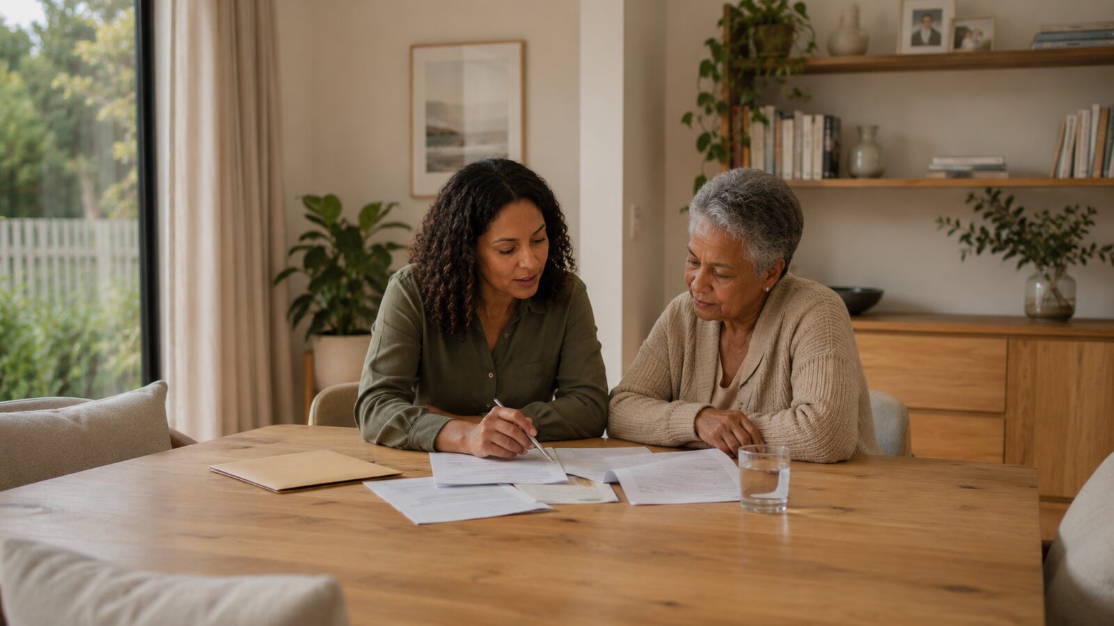 Registering a death in Tasmania: a woman and her elderly mother reviewing documents at home