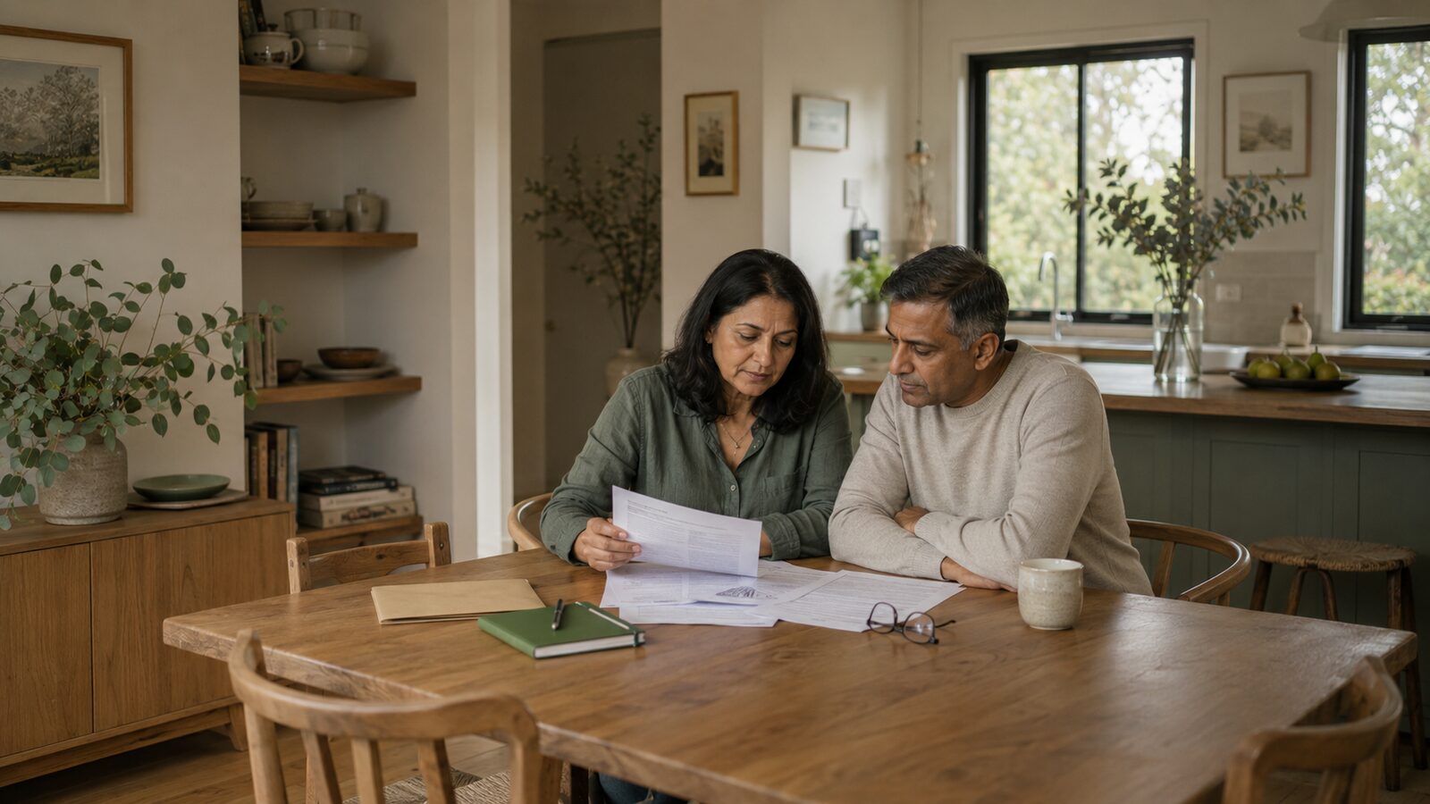 Registering a death in Victoria: a couple reviewing paperwork at a kitchen table