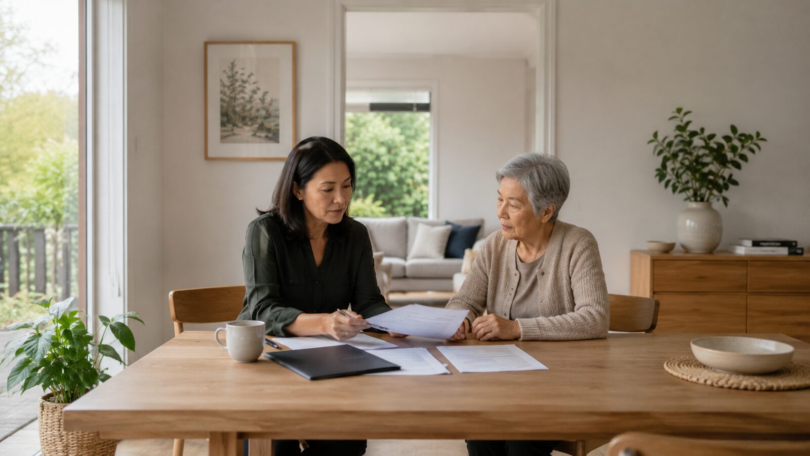 Registering a death in Western Australia: a daughter and her elderly mother reviewing documents at home