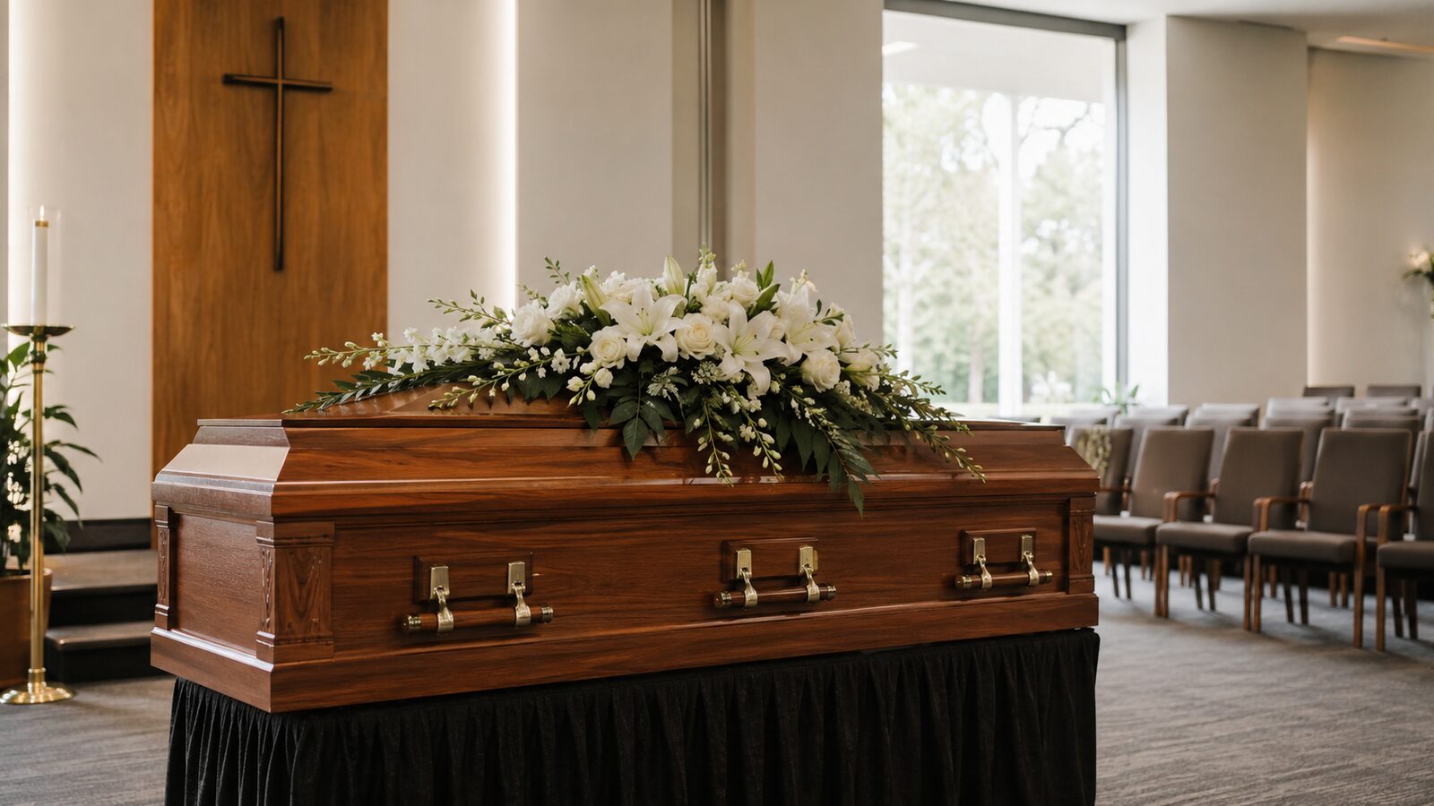 Funeral costs in Queensland: a timber casket in a chapel before a service
