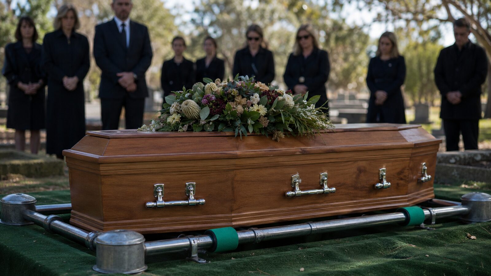 A timber coffin at a graveside service among gum trees