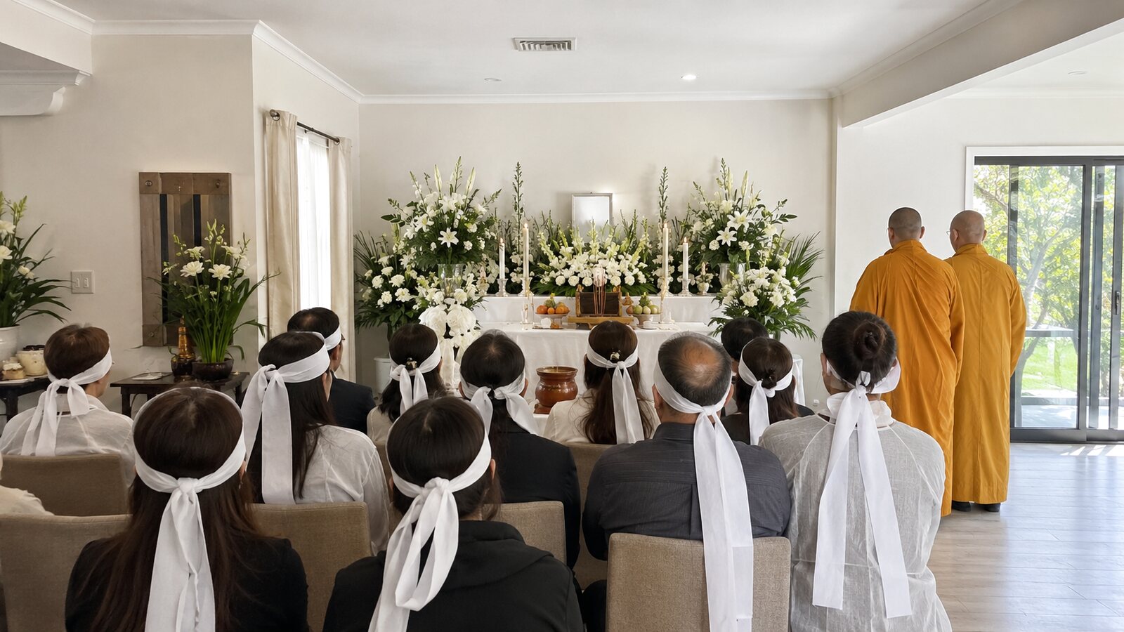 Vietnamese Australian funerals: family in white mourning headbands at a Buddhist service