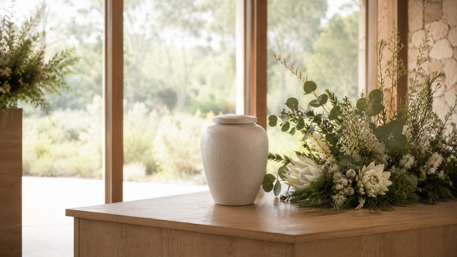 A cremation urn with native flowers resting in a quiet chapel