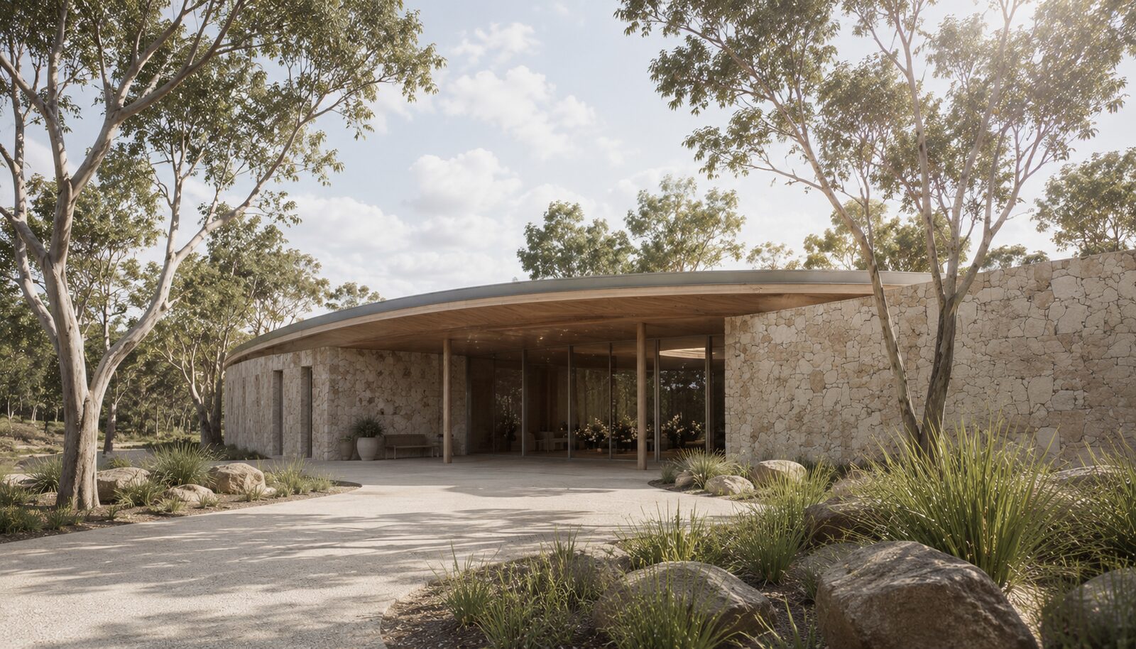 What happens at a cremation in Australia: a modern crematorium chapel among native bushland