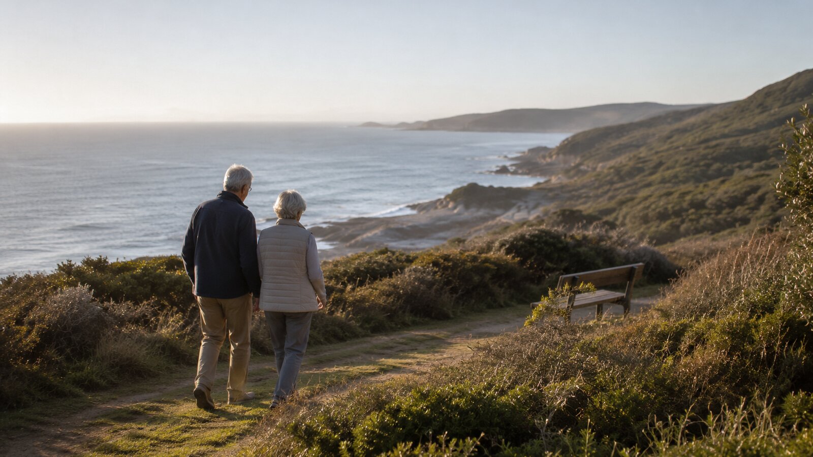 What to do when someone dies in Australia: an older couple taking a quiet moment on a coastal path