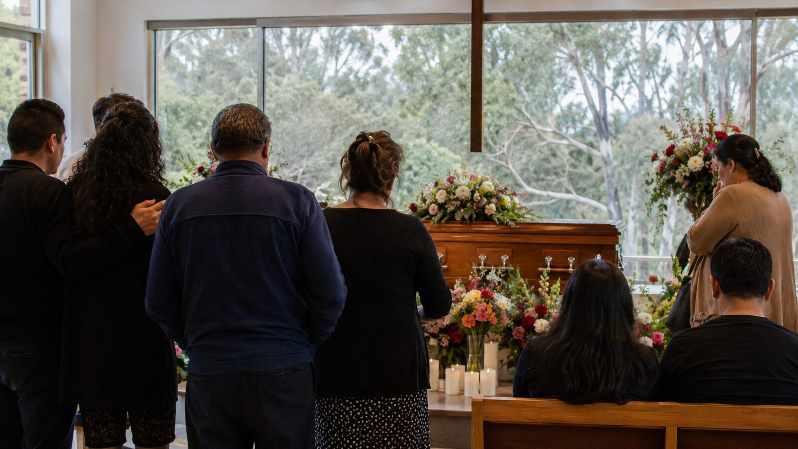 What to wear to a funeral in Australia: family and mourners in dark, respectful clothing at a service
