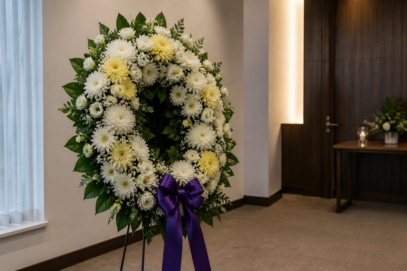 A funeral wreath of white and yellow chrysanthemums with white roses, standing in a funeral home viewing room